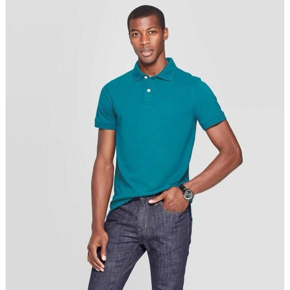 Goodfellow Mens Short Sleeve Loring Polo Shirt Teal Blue Coastal Wave Small - Picture 3 of 6